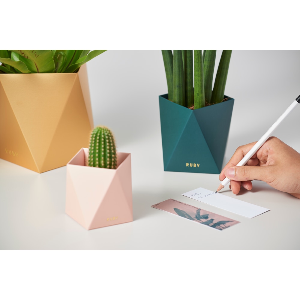 Ruby Papiervase in Gold, Pink und Gruen mit Sukkulenten auf einem Tisch. Eine Person beschreibt eine Karte die davor liegt.