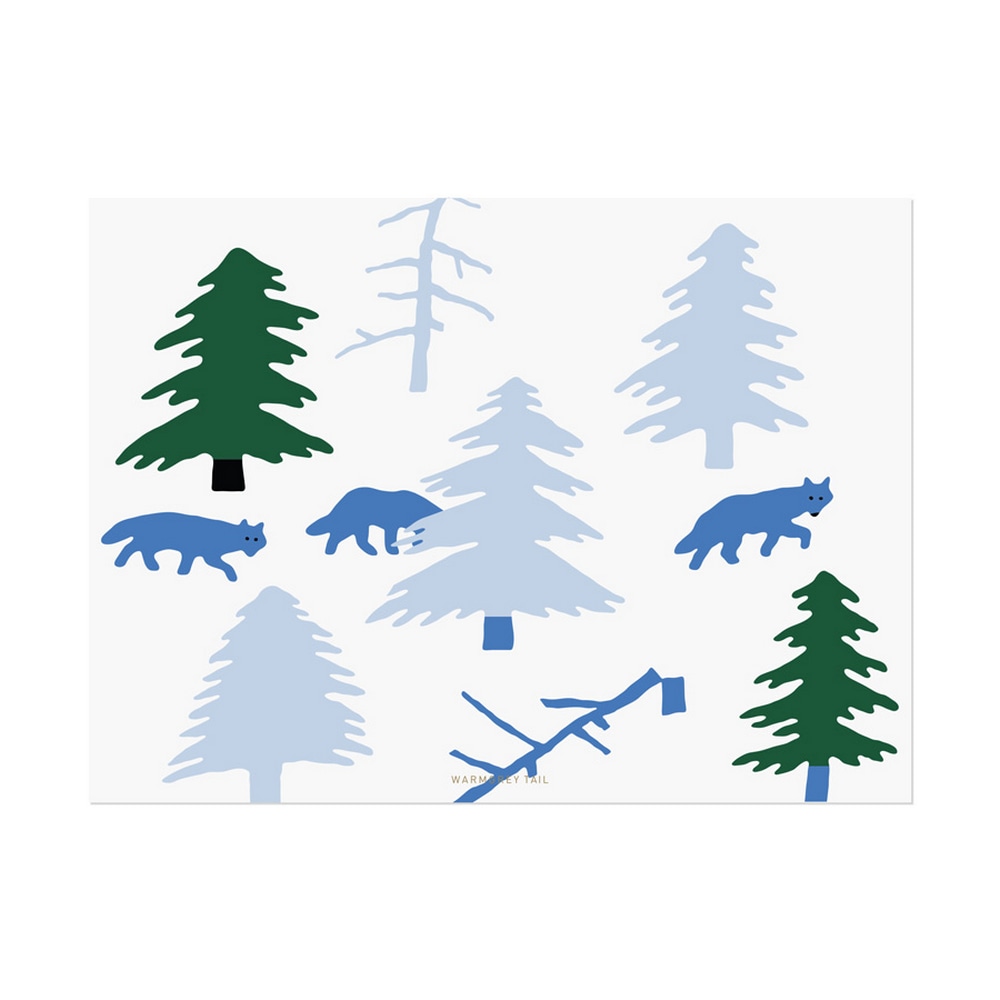 Stoffposter Fabric Poster Northland mit blauen Woelfen in einer Waldlandschaft.