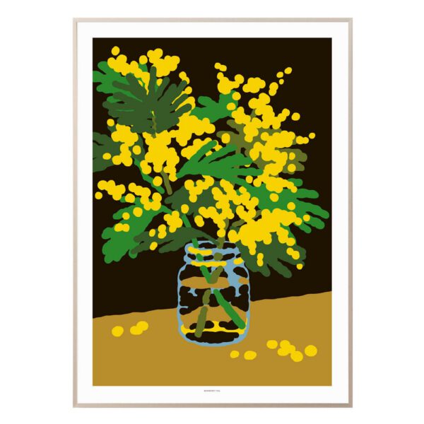 Beige gerahmtes Poster Mimosa, mit gelben Mimosen und gruenen Blaettern in einem Einmachglas.