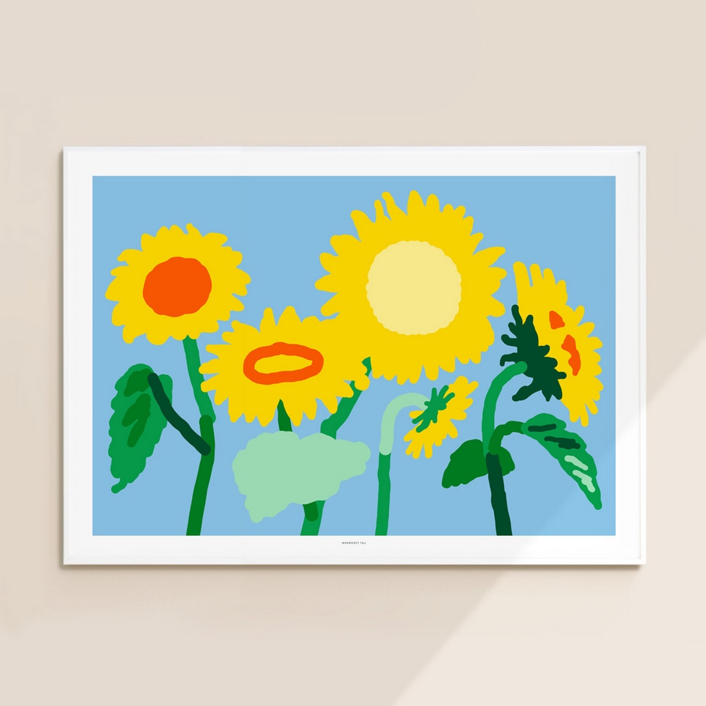 Art Print Sunflower, fuenf Sonnenblumen mit gruenen Stengeln und gelben Blueten auf blauem Hintergrund