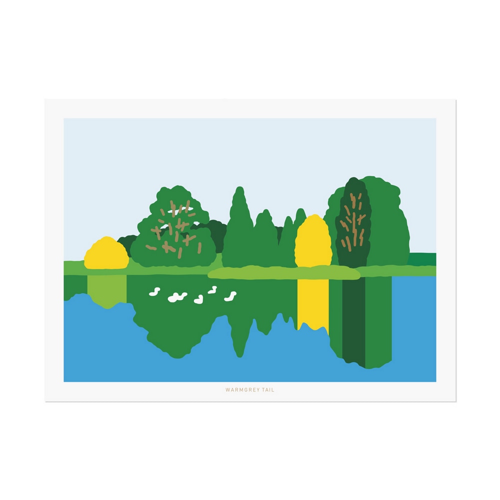 Postkarte Lake Park mit Illustration eines blauen Sees in dem sich die umliegenden Baeume in Gruen und Gelb spiegeln.