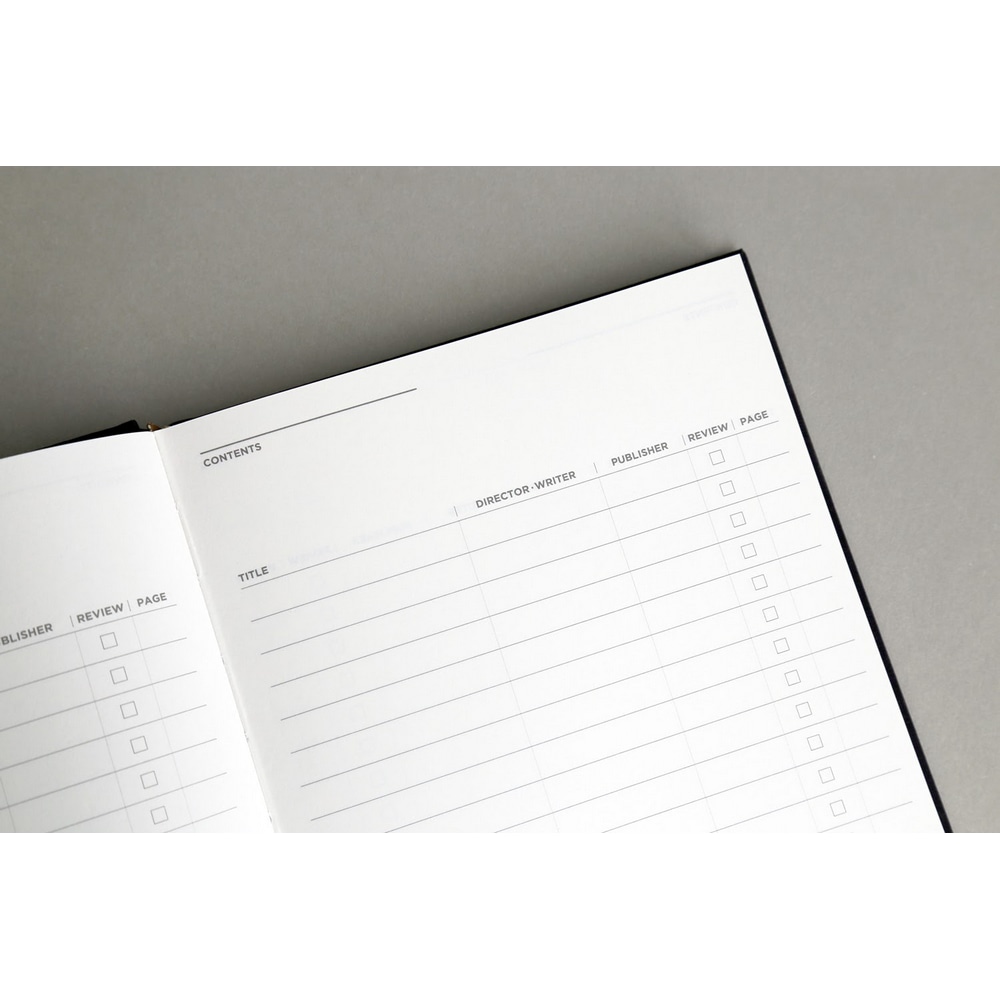Indexseite des Rezensierbuchs Review Book Bold mit Feldern fuer Titel, Director, Writer, Publisher, Review und Seite.